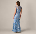 Cap Sleeve Floral Embroidered Illusion Godet Gown In Light Blue Gold 5