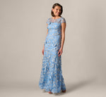 Cap Sleeve Floral Embroidered Illusion Godet Gown In Light Blue Gold 2