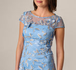 Cap Sleeve Floral Embroidered Illusion Godet Gown In Light Blue Gold 3