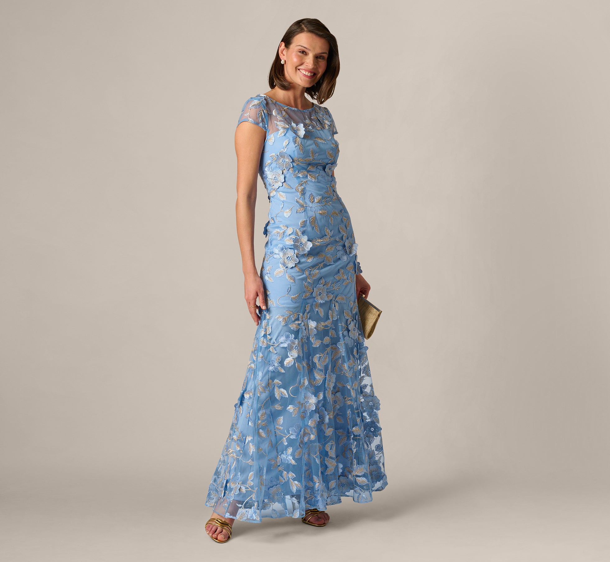 Cap Sleeve Floral Embroidered Illusion Godet Gown In Light Blue Gold 1