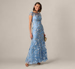 Cap Sleeve Floral Embroidered Illusion Godet Gown In Light Blue Gold 1
