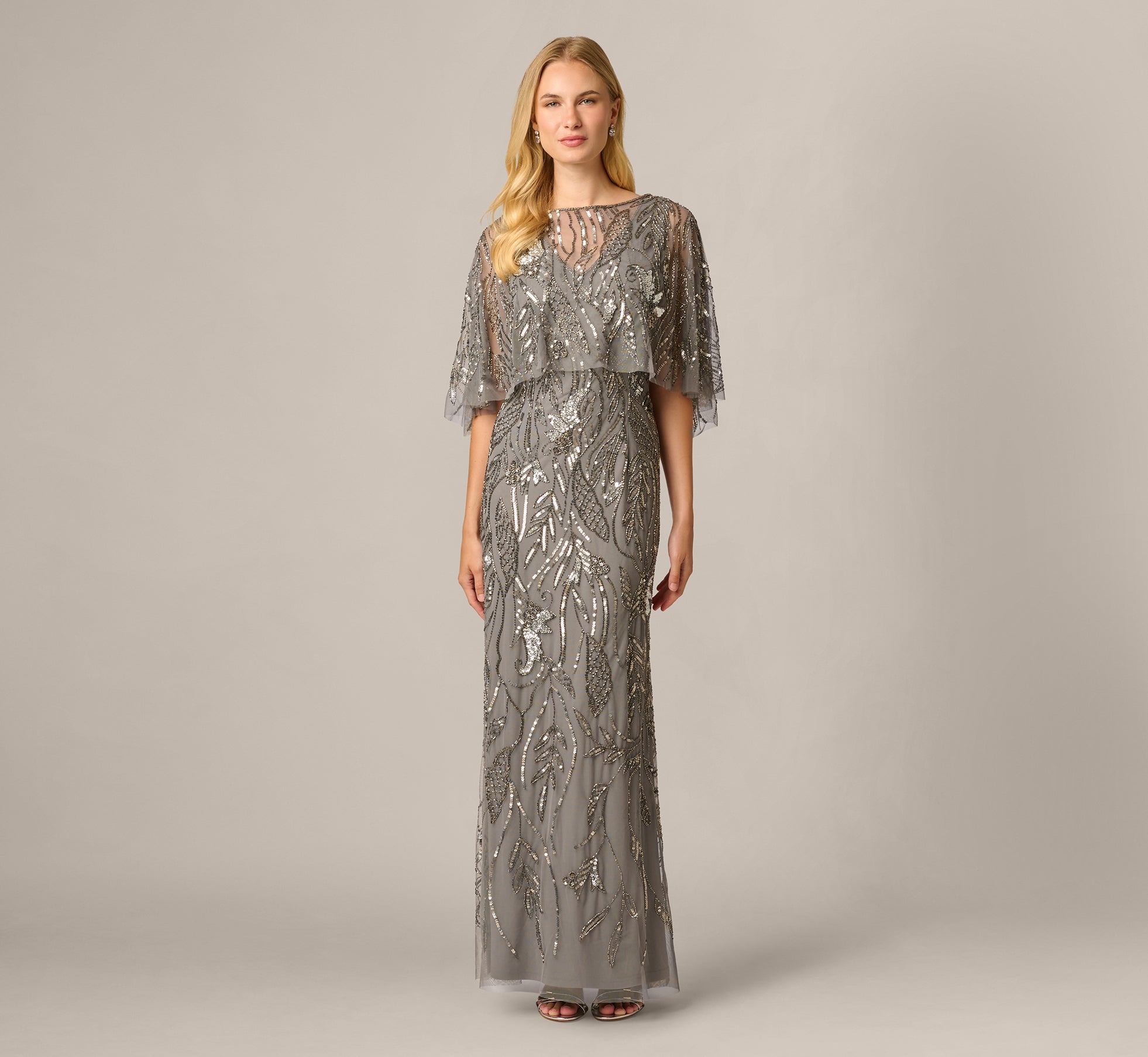 Grey Beaded Cape V Neck Long Dress