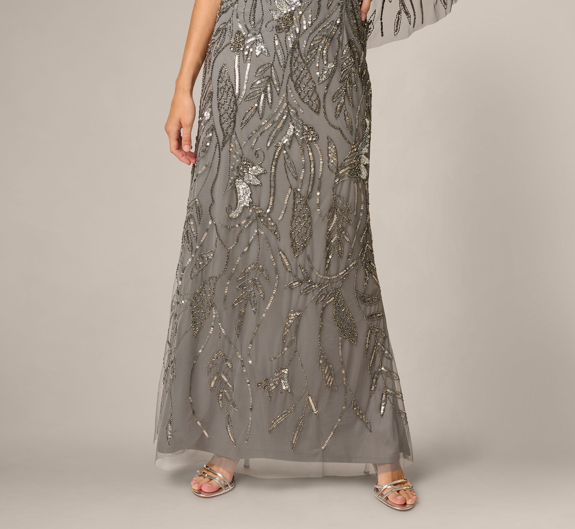Grey Beaded Cape V Neck Long Dress