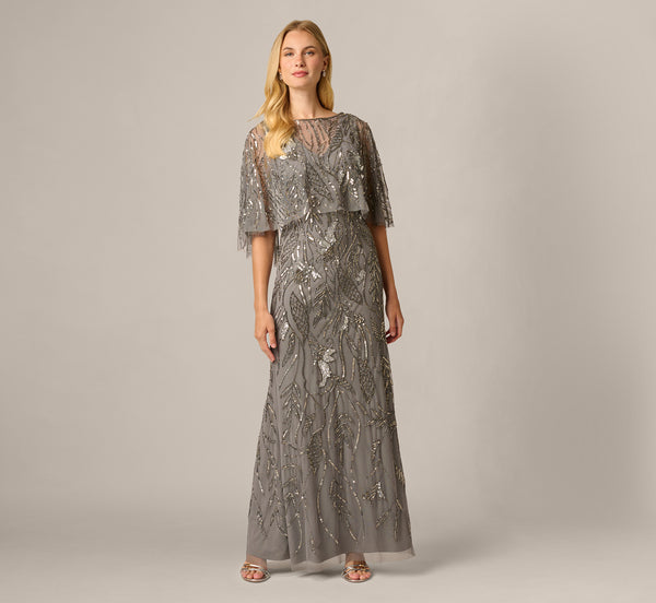 adrianna papell beaded dress Women's Cape V-Neck Long Gown - Sterling side-slits Diesel Hammered Faux Leather Silk Satin Colors:Dark Fuchsia 866 The back features a