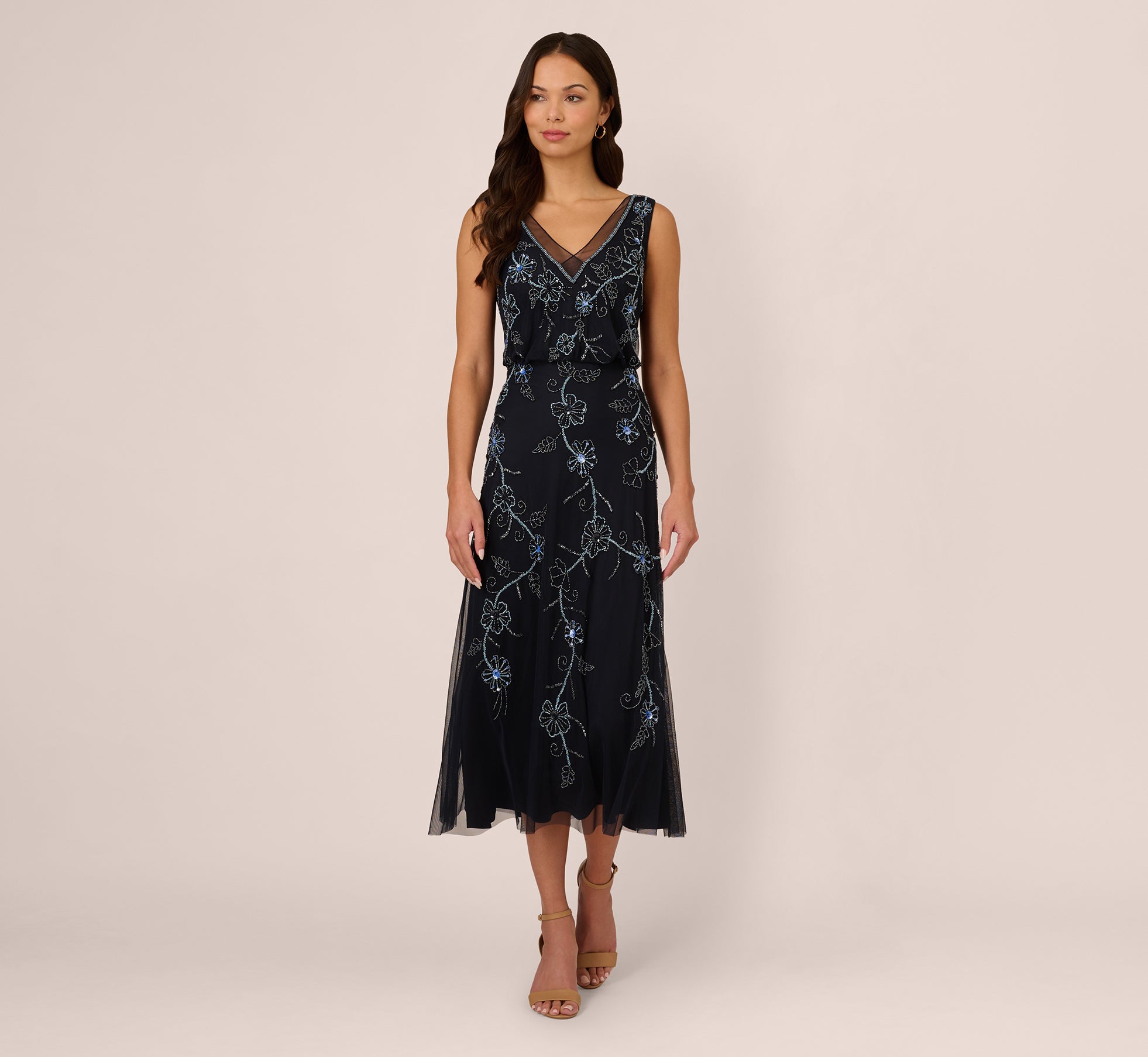 Sleeveless Beaded Blouson Midi Dress In Midnight Multi Sleeveless Beaded Blouson Midi Dress In Midnight Multi