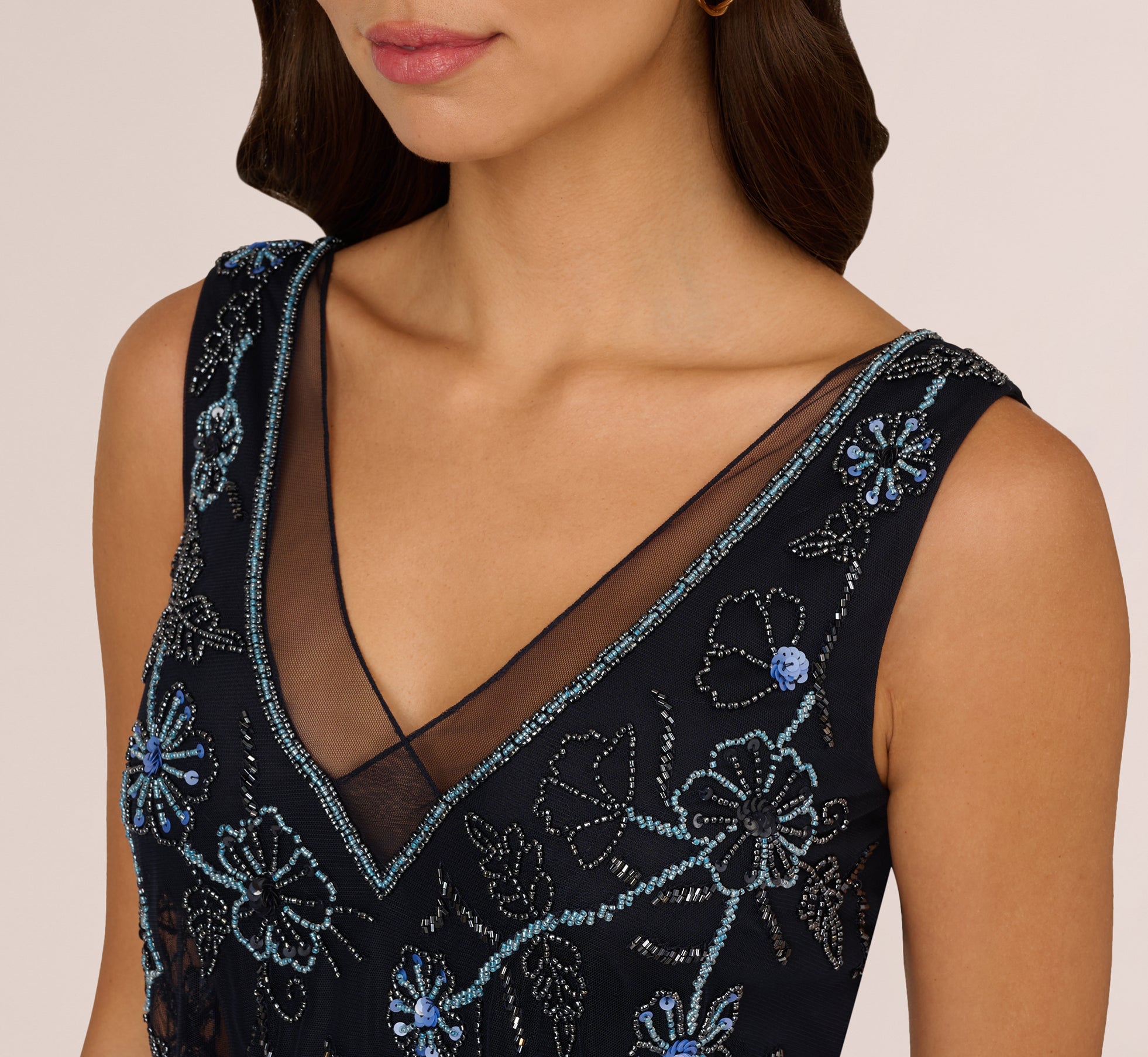 Navy Sleeveless Beaded Blouson Midi Dress - Adrianna Papell Navy Sleeveless Beaded Blouson Midi Dress - Adrianna Papell