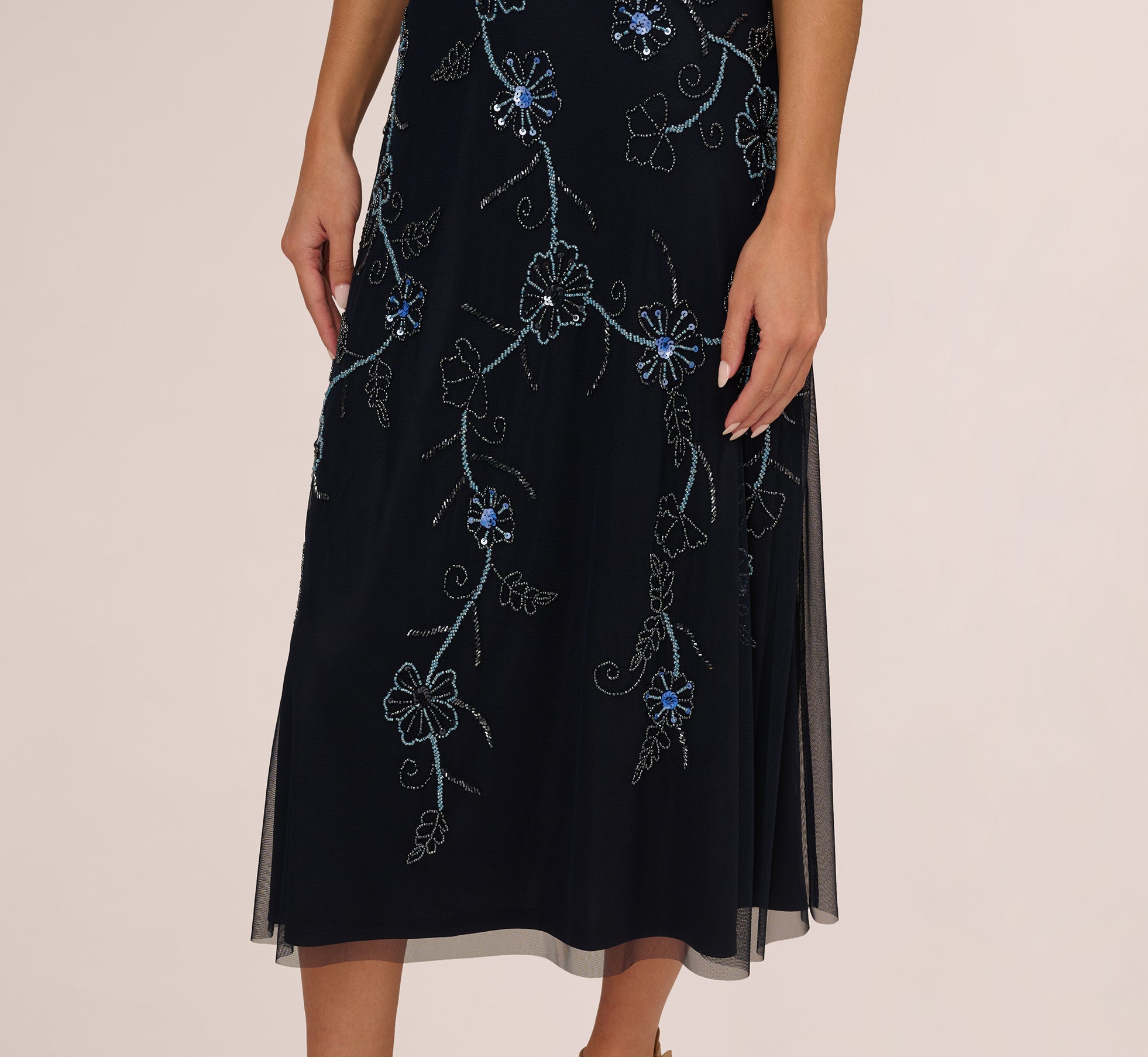 Navy Sleeveless Beaded Blouson Midi Dress - Adrianna Papell Navy Sleeveless Beaded Blouson Midi Dress - Adrianna Papell
