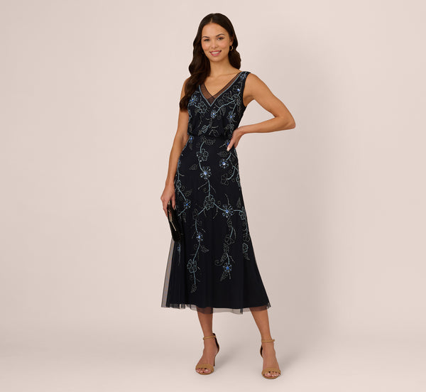 Sleeveless Beaded Blouson Midi Dress In Midnight Multi Sleeveless Beaded Blouson Midi Dress In Midnight Multi