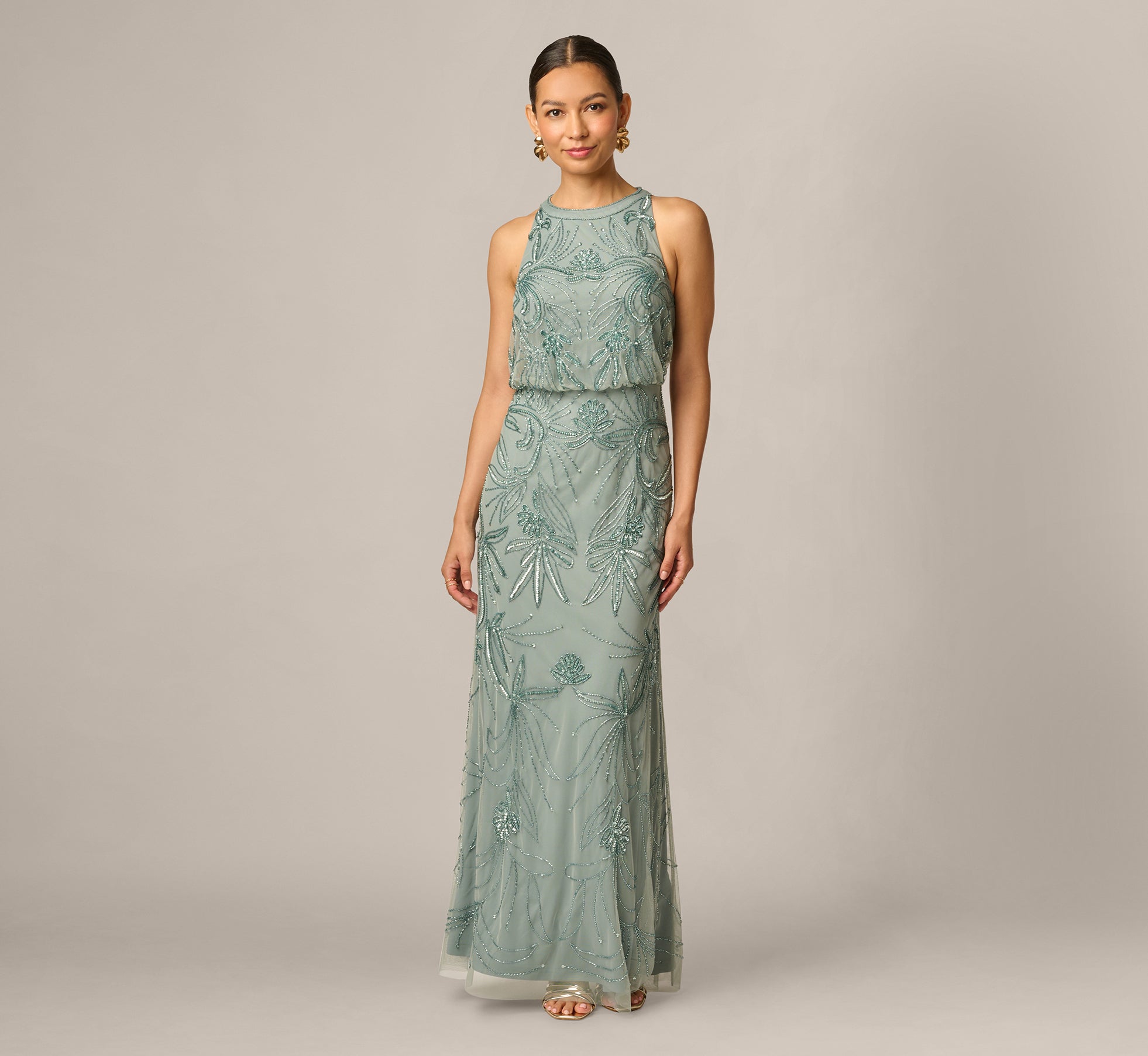 high neck sage green dress Petite Beaded Halter Blouson Long In Sage, / Petite / 16 Step into the spotlight color_BLACK=Black Color:Matcha/Gold Why Should You Buy