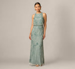 Petite Beaded Halter Blouson Long Dress In Sage 2