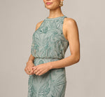 Petite Beaded Halter Blouson Long Dress In Sage 3