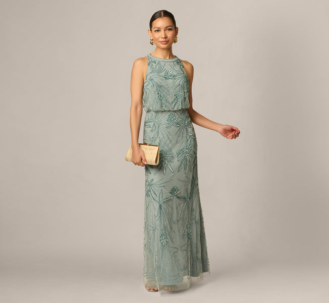 Petite Beaded Halter Blouson Long Dress In Sage, Sage / Petite / 16