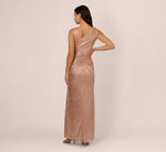 Draped Metallic Foil Long Dress In Rose Gold 6