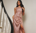 Draped Metallic Foil Long Dress In Rose Gold Draped Metallic Foil Long Dress In Rose Gold