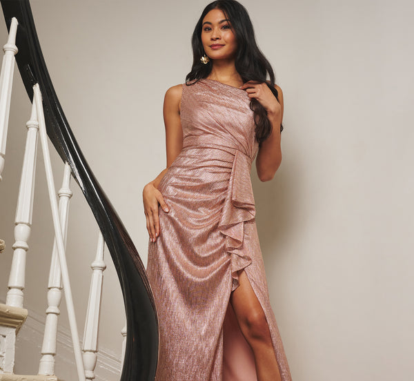 knee length dresses for ladies Rose Gold Draped Metallic Foil Long Dress