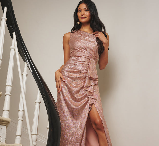 Draped Metallic Foil Long Dress In Rose Gold - Adrianna Papell Draped Metallic Foil Long Dress In Rose Gold - Adrianna Papell
