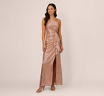Draped Metallic Foil Long Dress In Rose Gold 3