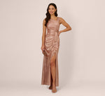 Draped Metallic Foil Long Dress In Rose Gold 2