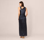 Draped Metallic Foil Long Dress In Navy 5