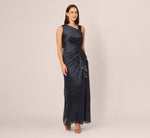 Draped Metallic Foil Long Dress In Navy 2