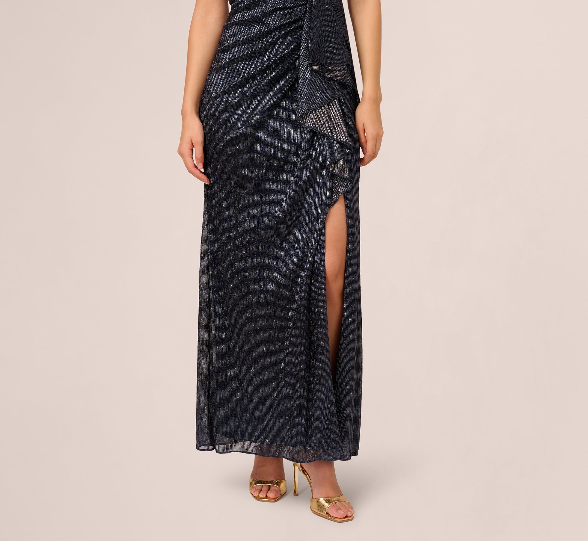 adrianna papell navy long dress Adrianna Papell Embroidered Floral Cap Sleeve Column Gown