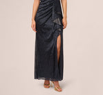Draped Metallic Foil Long Dress In Navy 3