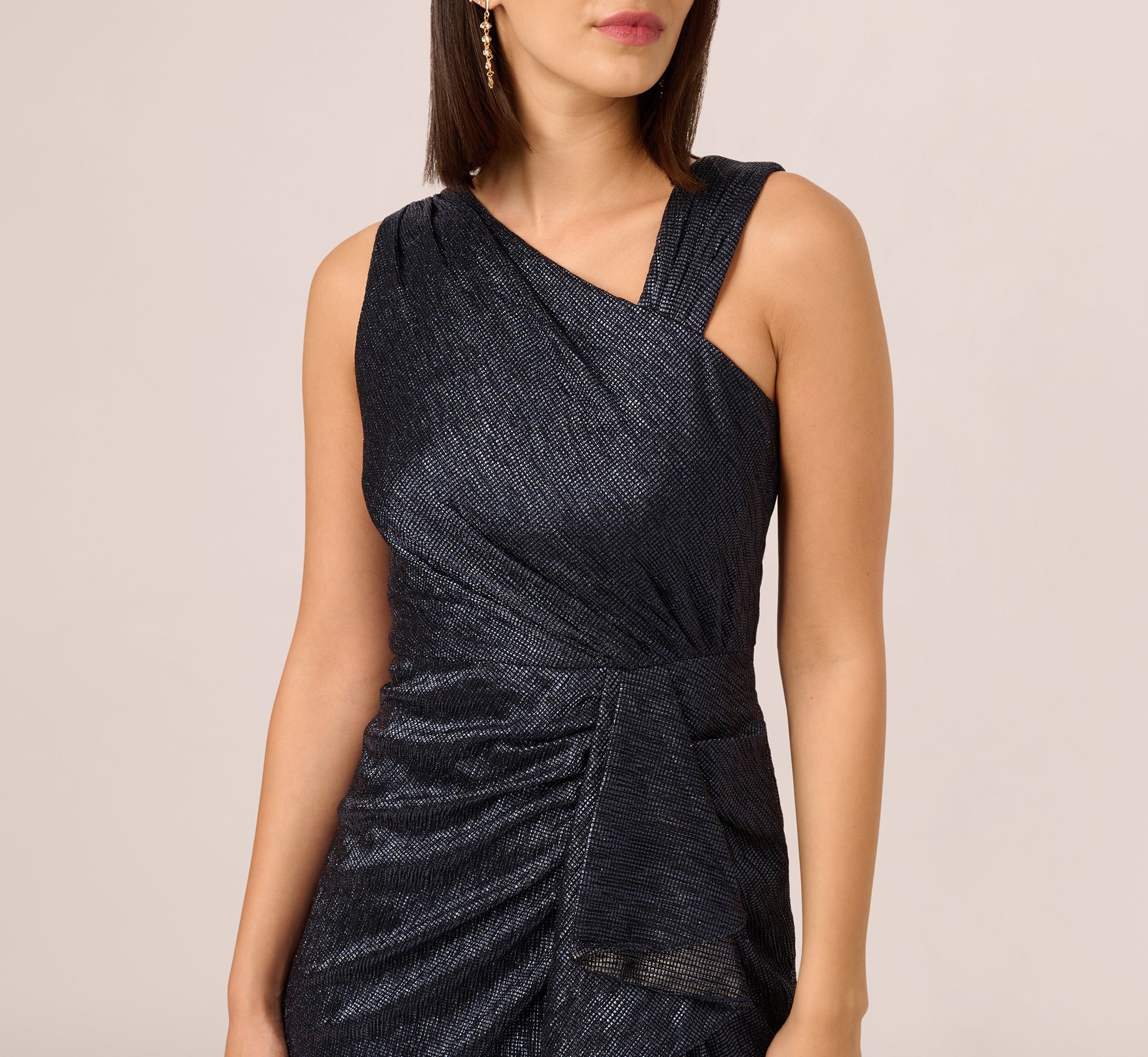 Draped Metallic Foil Long Dress In Navy - Adrianna Papell