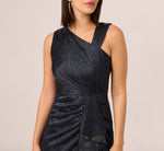 Draped Metallic Foil Long Dress In Navy 4