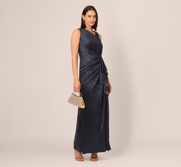 Draped Metallic Foil Long Dress In Navy, Navy / Regular / 4