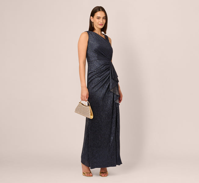 Draped Metallic Foil Long Dress In Navy, Navy / Regular / 2