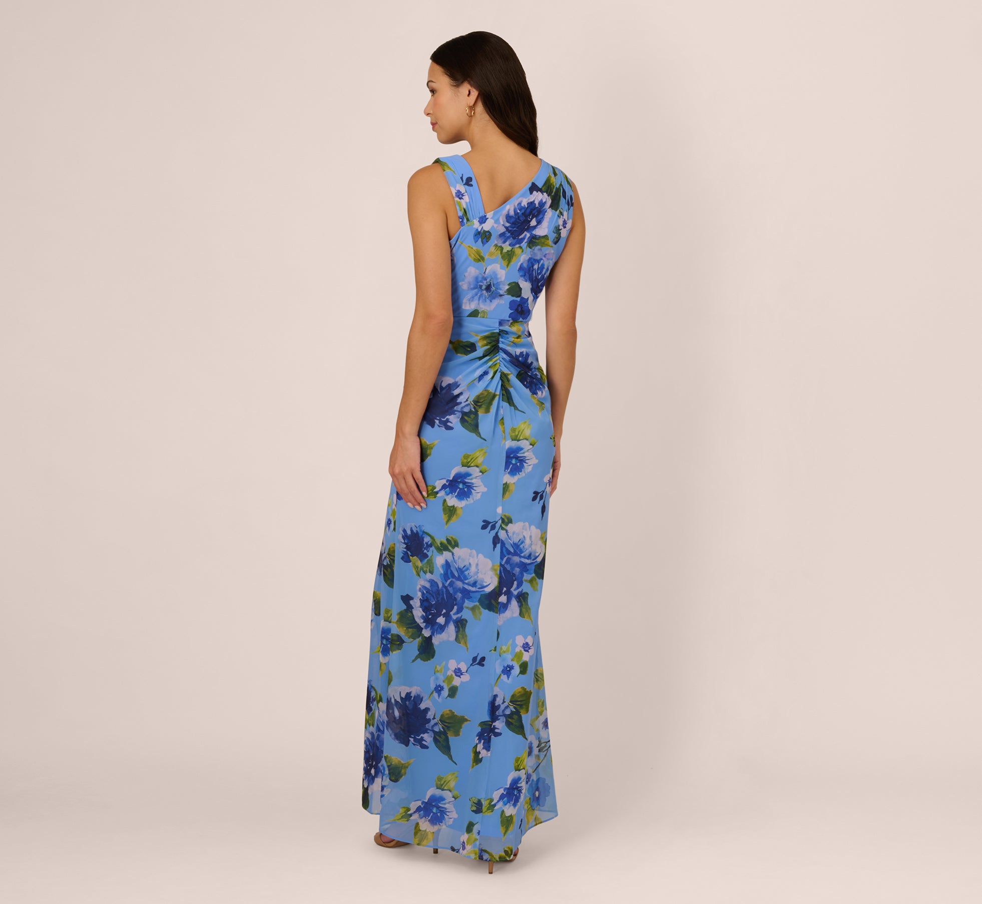 Adrianna Papell Asymmetrical Draped Floral Chiffon Gown