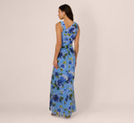 Asymmetrical Draped Floral Chiffon Gown In Blue Multi 5