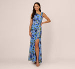 Asymmetrical Draped Floral Chiffon Gown In Blue Multi 2