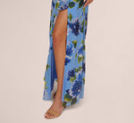 Asymmetrical Draped Floral Chiffon Gown In Blue Multi 3