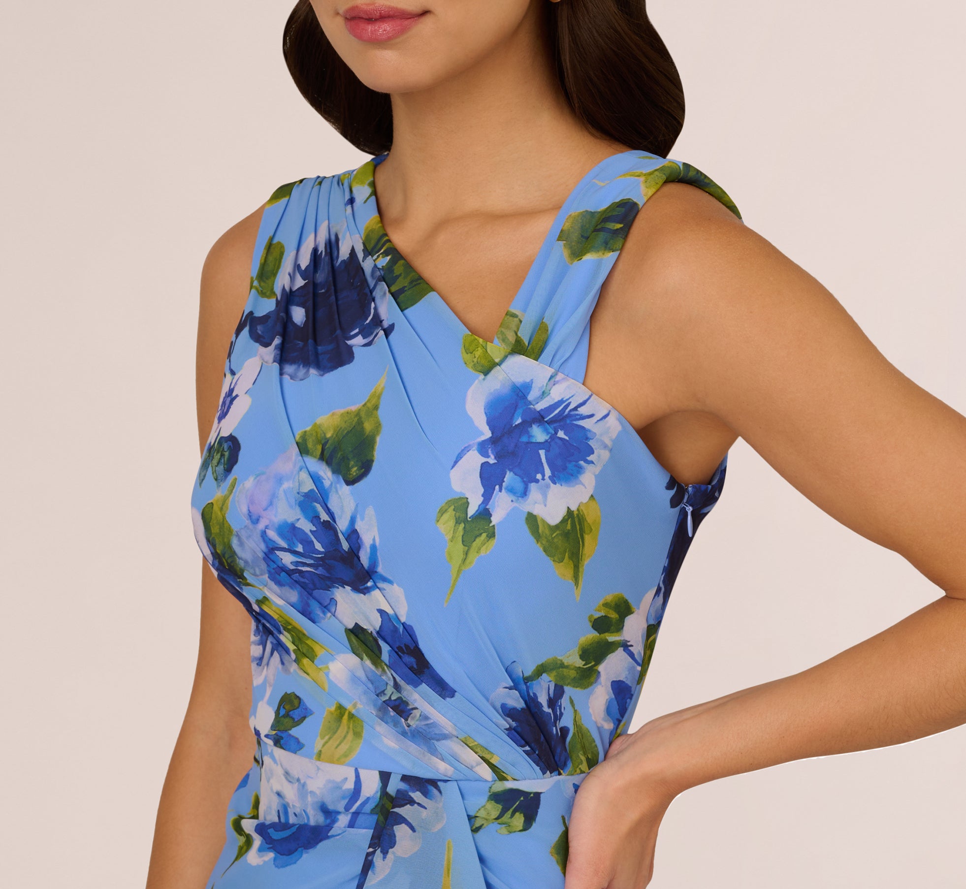 Multi Colored Asymmetrical Draped Floral Chiffon Gown - Adrianna Papell Multi Colored Asymmetrical Draped Floral Chiffon Gown - Adrianna Papell