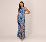 Asymmetrical Draped Floral Chiffon Gown In Blue Multi 1