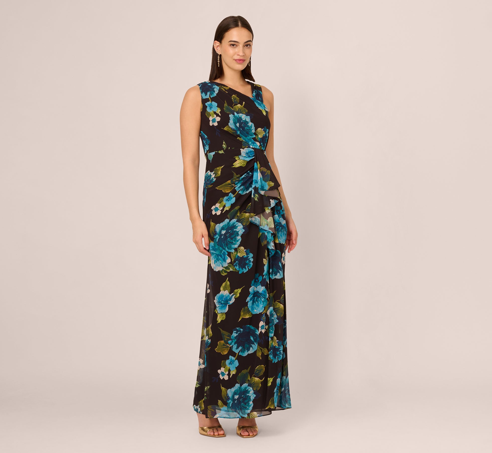 Asymmetrical Draped Floral Chiffon Gown In Black Multi Asymmetrical Draped Floral Chiffon Gown In Black Multi
