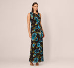 Asymmetrical Draped Floral Chiffon Gown In Black Multi 2
