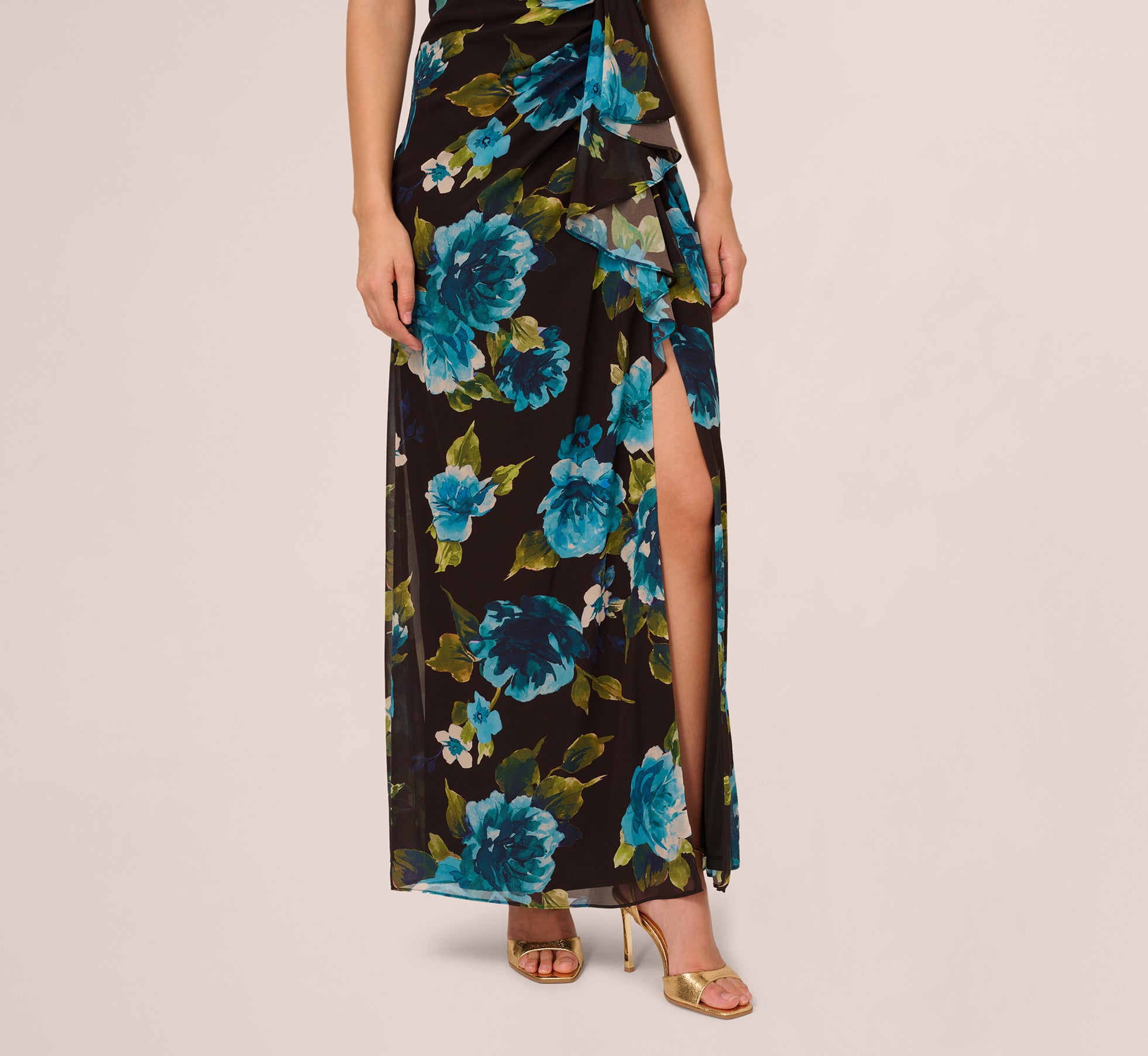 Black Multi Asymmetrical Draped Floral Chiffon Gown - Adrianna Papell Black Multi Asymmetrical Draped Floral Chiffon Gown - Adrianna Papell