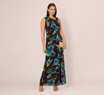 Asymmetrical Draped Floral Chiffon Gown In Black Multi 1