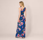 Asymmetrical Draped Floral Chiffon Gown In Dark Blue Multi 5