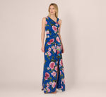 Asymmetrical Draped Floral Chiffon Gown In Dark Blue Multi 2