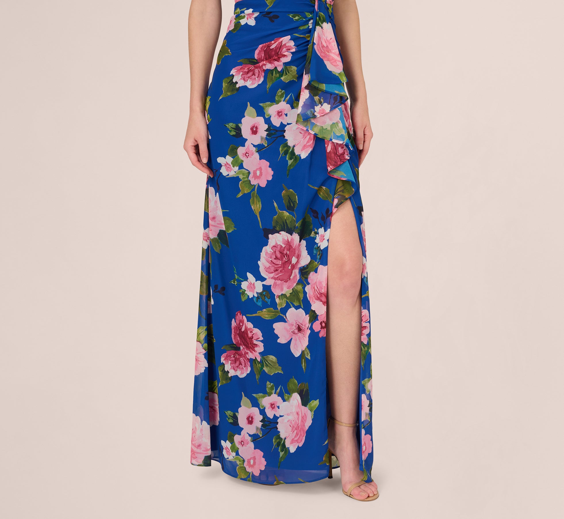 adrianna papell asymmetrical draped dress Asymmetrical Draped Neck Stretch Satin Gown In Elegant Sky, Elegant Sky / Regular / 20