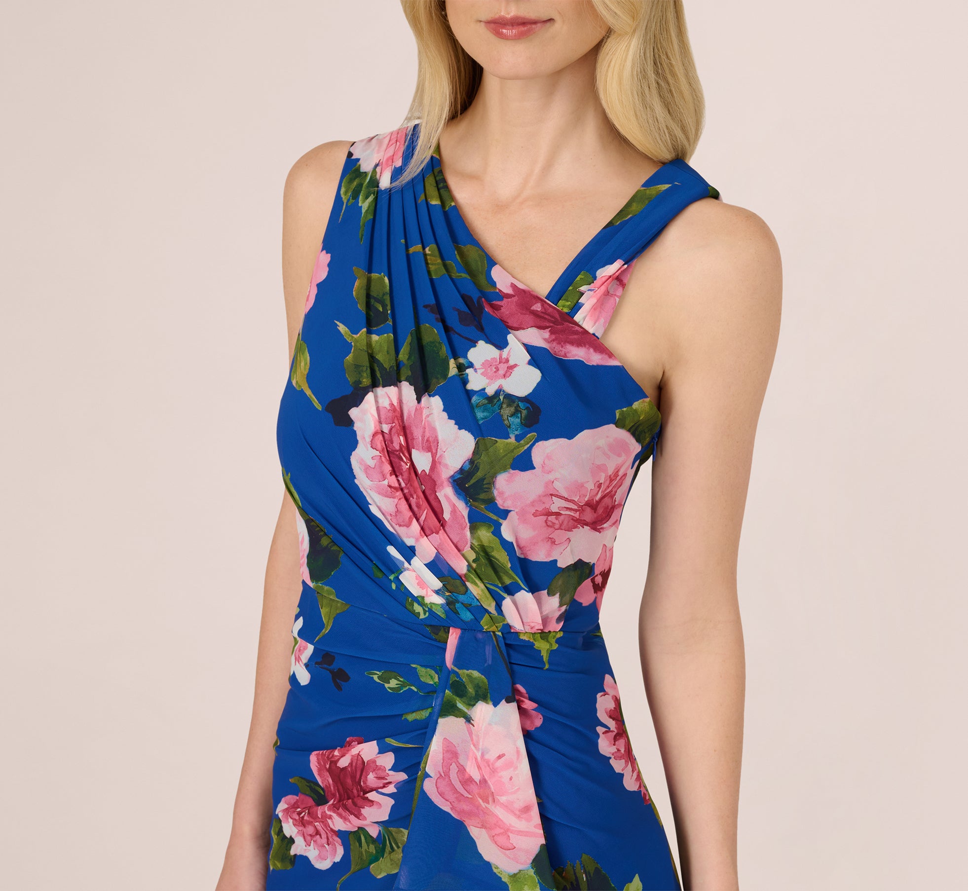Navy Asymmetrical Draped Floral Chiffon Gown
