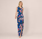 Asymmetrical Draped Floral Chiffon Gown In Dark Blue Multi 1