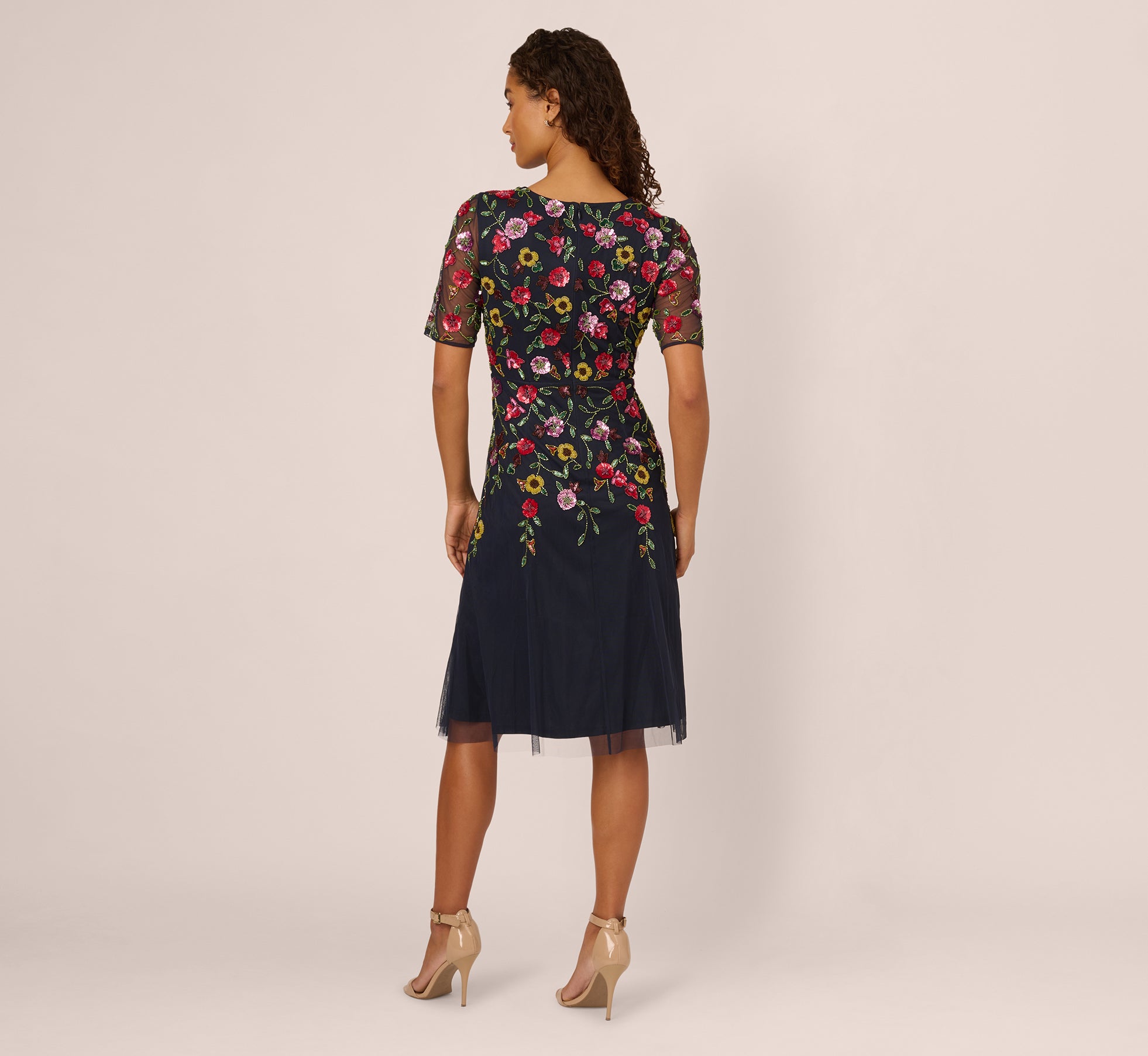 delicate flower arabesques short sleeve midi dress Adrianna Papell Short Sleeve Floral Beaded Midi Dress