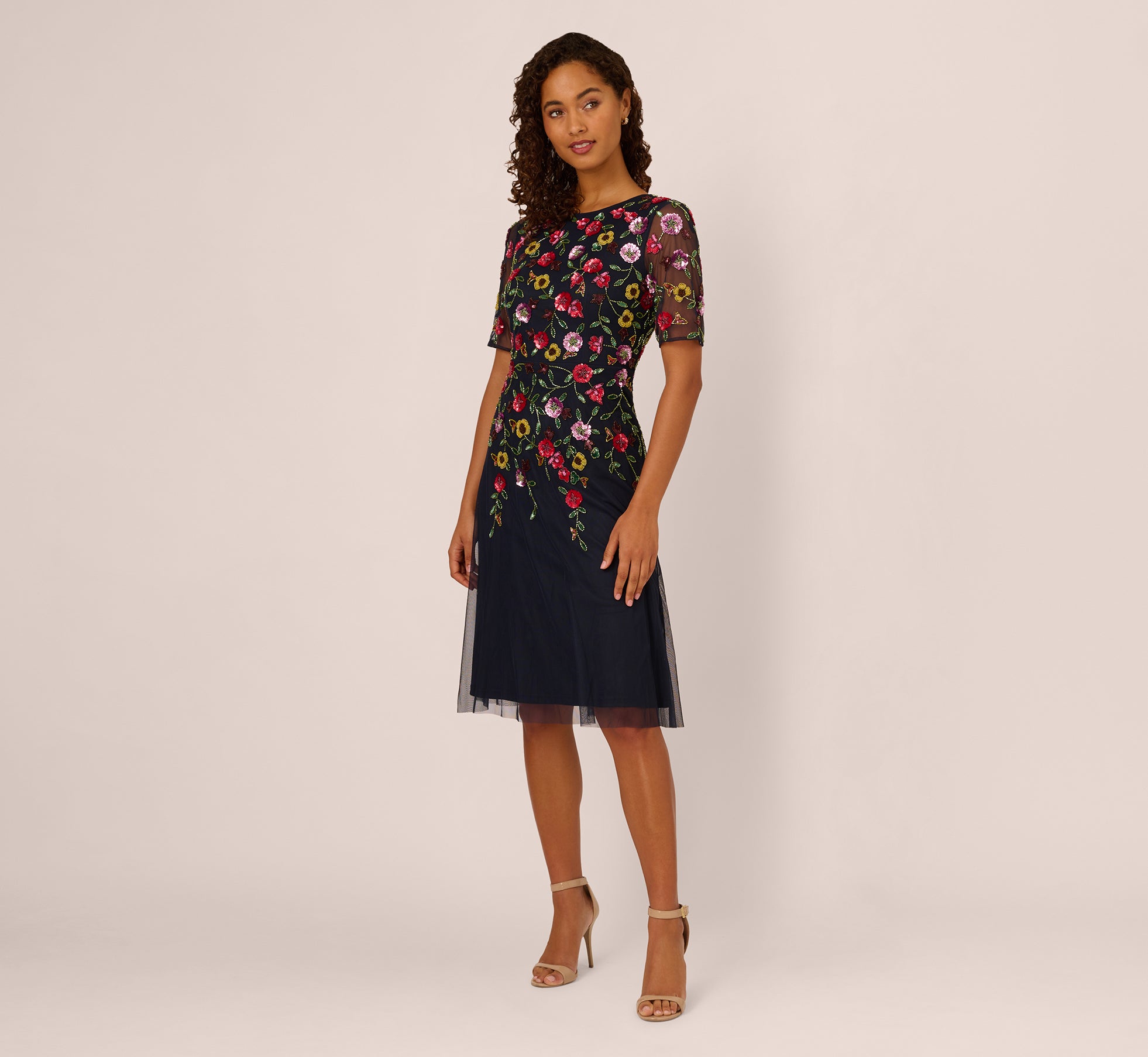 Navy Short Sleeve Floral Beaded Midi Dress - Adrianna Papell