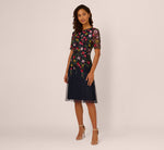 Short Sleeve Floral Beaded Midi Dress In Navy Multi 2
