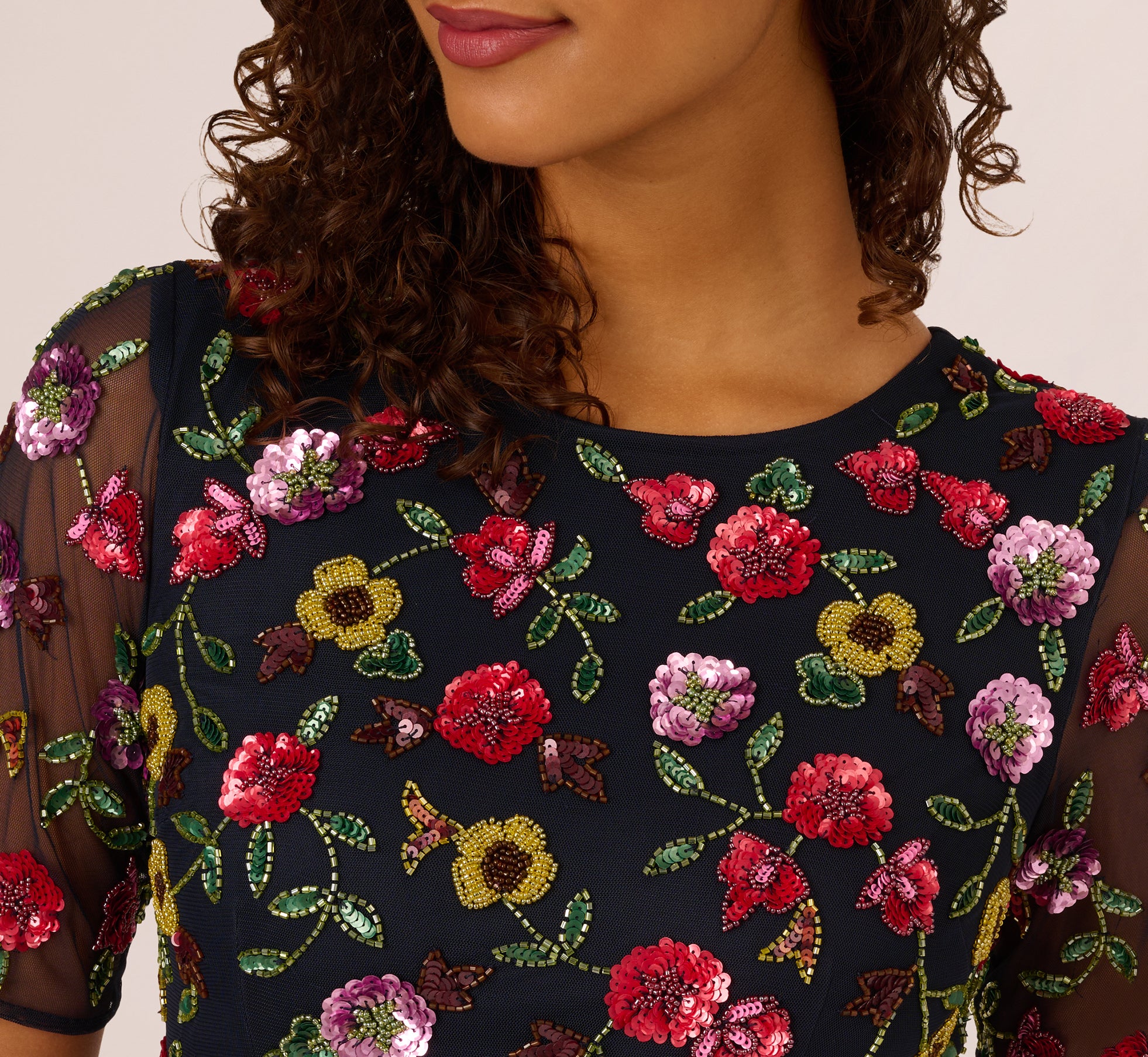 Navy Multi Short Sleeve Floral Beaded Midi Dress - Adrianna Papell