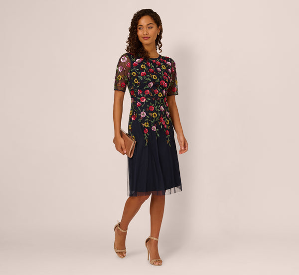 Navy Multi Short Sleeve Floral Beaded Midi Dress
